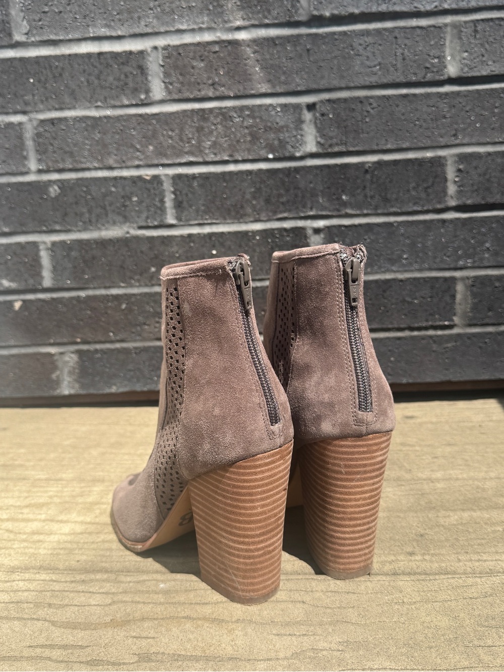 Gianni Bini Women's Taupe Suede Peep-Toe Ankle Booties - Picture 5 of 5
